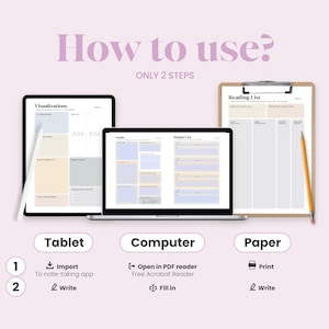 May include: A visual guide on how to use printable planner pages. The image shows three different ways to use the planner pages: on a tablet, computer, and paper. The tablet is showing a visualization page with AM and PM sections. The computer is showing a bucket list page. The paper is showing a reading list page. The text on the image says "How to use? ONLY 2 STEPS".