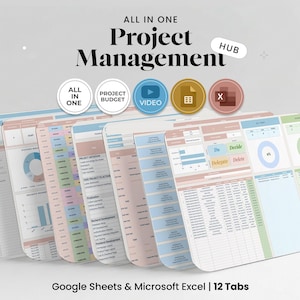 May include: A digital project management hub template for Google Sheets and Microsoft Excel featuring 12 tabs. The interface displays various pastel-colored dashboards, task lists, pie charts, bar graphs, and a priority matrix labeled Do, Decide, Delegate, Delete.