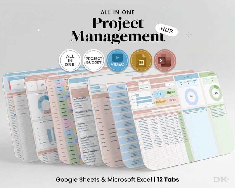 Small business project management spreadsheet for Google Sheets and Excel shown on a laptop, displaying the main project dashboard with task tracker, progress bars and timeline for a busy team.