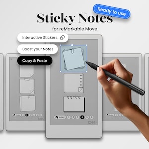 Puede incluir: Una tableta digital con el texto "Sticky Notes for reMarkable Move" y opciones para "Interactive Stickers", "Boost your Notes" y "Copy & Paste". Una mano sostiene un lápiz óptico sobre la pantalla.