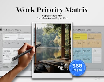 May include: A Work Priority Matrix hyperlinked PDF for reMarkable Paper Pro featuring 368 pages. The digital planner displays task lists, project boxes, and a calendar view with a nature-themed background image and a black stylus pen.