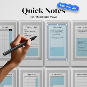 Puede incluir: Un planificador digital con plantillas para listas de verificación, planificación semanal y recordatorios. Se muestra el texto "Quick Notes for reMarkable Move". Una mano usa un lápiz óptico negro para interactuar con el planificador digital.