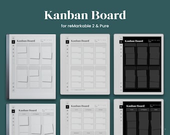 Könnte beinhalten: Eine digitale Kanban-Board-Vorlage für reMarkable 2 und Pure Tablets mit sechs verschiedenen Layouts für das Aufgabenmanagement. Die Bildschirme zeigen Rasterstrukturen mit Spalten, die als Kanban Board, To Do, In Progress und Done beschriftet sind.