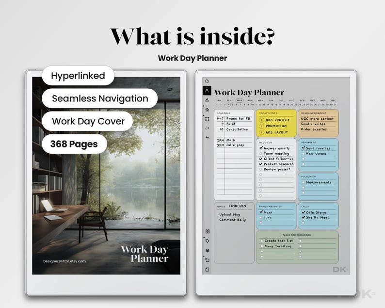 May include: A digital work day planner with a white border, showcasing features like hyperlinks and seamless navigation. The planner includes a cover, 368 pages, and a detailed layout for scheduling and task management. Text on the image reads "What is inside?" and "Work Day Planner."