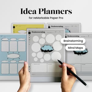 Może przedstawiać: Zestaw cyfrowych planerów do tabletu reMarkable Paper Pro. Planery zostały zaprojektowane do burzy mózgów i tworzenia map myśli. Obraz przedstawia zbliżenie ekranu tabletu z otwartymi planerami. Planery są w jasnoniebieskim i szarym schemacie kolorystycznym.