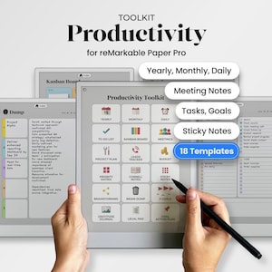 Peut inclure: Un kit d'outils de productivité numérique pour reMarkable Paper Pro avec une grille d'icônes pour la planification annuelle, mensuelle et quotidienne, des notes de réunion, des tâches, des objectifs et des notes adhésives. 18 modèles inclus.