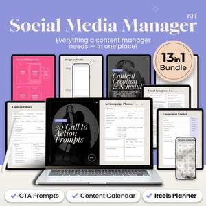 Może przedstawiać: Zestaw do marketingu cyfrowego zatytułowany "Social Media Manager" z fioletowym tłem. Obraz przedstawia laptopa, tablety i telefon z różnymi szablonami tworzenia treści. Tekst zawiera "13 in 1 Bundle", "CTA Prompts" i "Content Calendar".