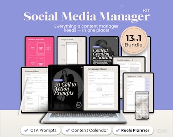 May include: A digital marketing kit titled "Social Media Manager" with a purple background. The image displays a laptop, tablets, and a phone showcasing various content creation templates. Text includes "13 in 1 Bundle", "CTA Prompts", and "Content Calendar".