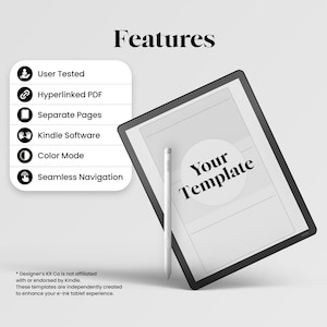 May include: A digital tablet with a stylus, displaying the text Your Template on the screen. A list of features includes User Tested, Hyperlinked PDF, Separate Pages, Kindle Software, Color Mode, and Seamless Navigation. A disclaimer is at the bottom.
