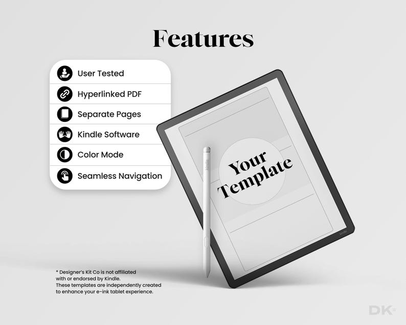 May include: A digital tablet with a stylus, displaying the text Your Template on the screen. A list of features includes User Tested, Hyperlinked PDF, Separate Pages, Kindle Software, Color Mode, and Seamless Navigation. A disclaimer is at the bottom.