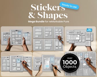 May include: A digital sticker and shape mega bundle for reMarkable Pure tablets, featuring over 1000 objects, including various planners, to-do lists, habit trackers, and widgets displayed on tablet screens with a stylus for organization.