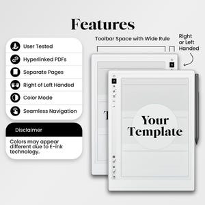 May include: A digital tablet template display featuring the text 'Your Template' in a central circle. The image includes a list of features: User Tested, Hyperlinked PDFs, Separate Pages, Right or Left Handed, Color Mode, and Seamless Navigation.