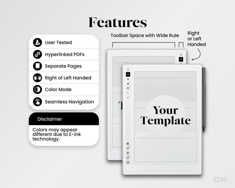 May include: A digital tablet template display featuring the text 'Your Template' in a central circle. The image includes a list of features: User Tested, Hyperlinked PDFs, Separate Pages, Right or Left Handed, Color Mode, and Seamless Navigation.