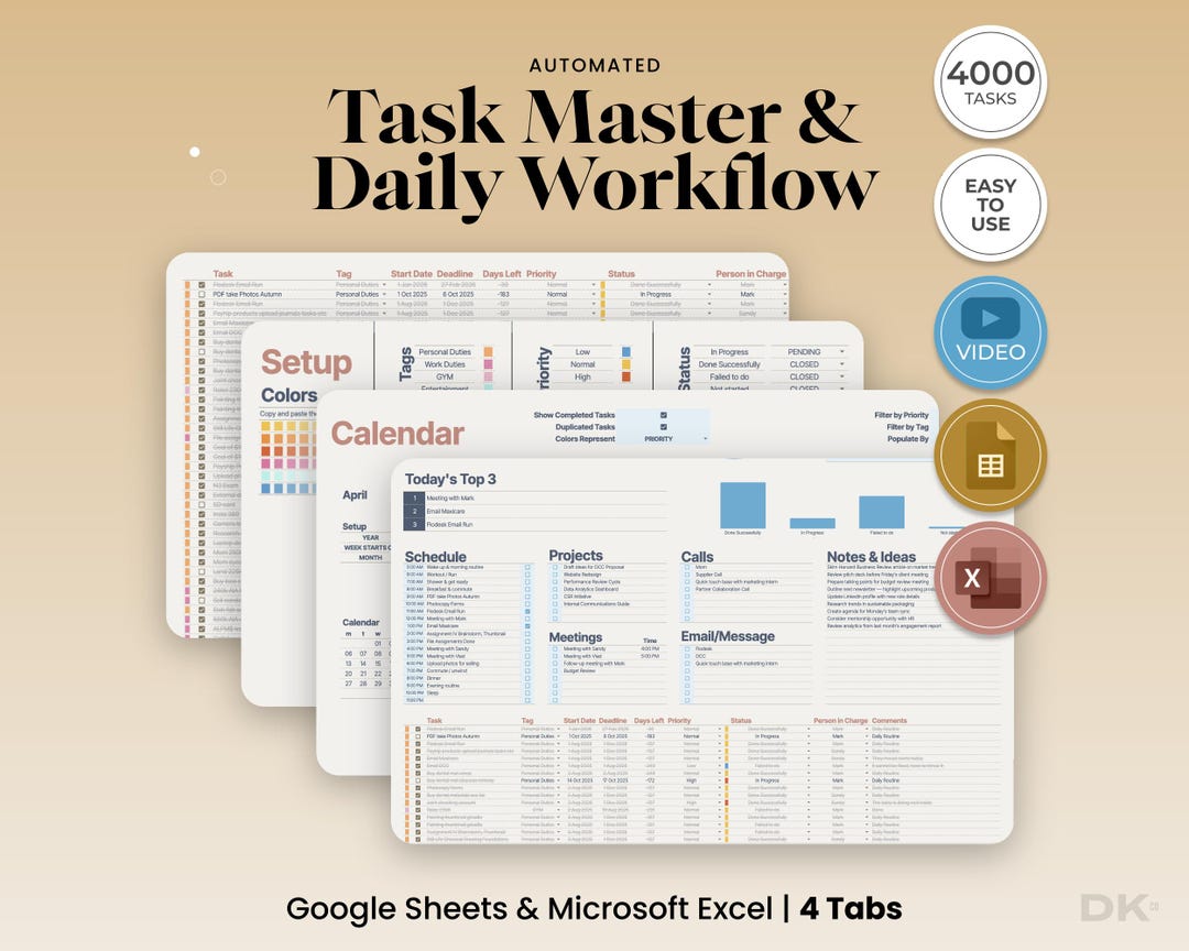 Task Master for Google Sheets and Excel Daily Workflow Organizer ...