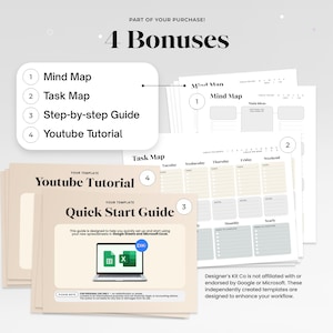 May include: A digital product bundle featuring four bonuses: a Mind Map, a Task Map, a Step-by-step Guide, and a Youtube Tutorial. The documents are displayed with beige backgrounds, black text, and a laptop graphic showing Google Sheets and Excel icons.