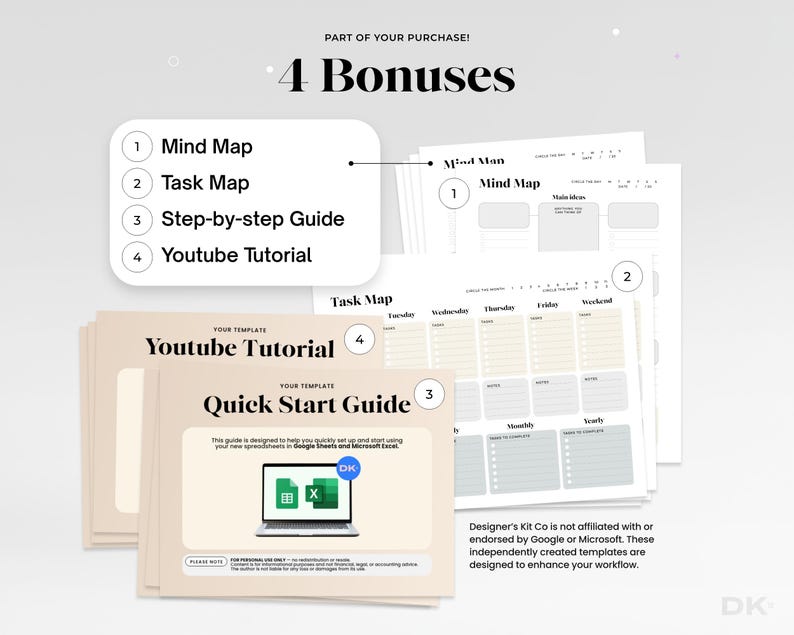 May include: A digital product bundle featuring four bonuses: a Mind Map, a Task Map, a Step-by-step Guide, and a Youtube Tutorial. The documents are displayed with beige backgrounds, black text, and a laptop graphic showing Google Sheets and Excel icons.