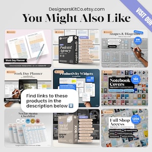 May include: A digital product catalog display featuring various productivity planners, widget sets, notebook covers, and social media checklists. The image includes text such as DesignersKitCo.etsy.com, You Might Also Like, and Visit Our Shop.