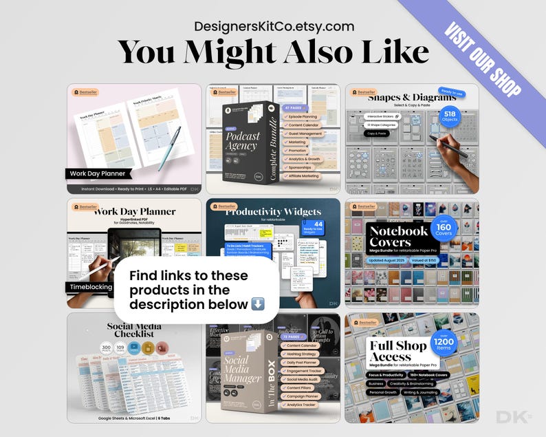 May include: A digital product catalog display featuring various productivity planners, widget sets, notebook covers, and social media checklists. The image includes text such as DesignersKitCo.etsy.com, You Might Also Like, and Visit Our Shop.