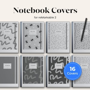 May include: A set of 16 digital notebook covers for the reMarkable 2 e-reader. The covers feature a variety of patterns, including bees, abstract shapes, and dots.