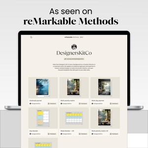 May include: A digital display showing the DesignersKitCo shop page with the text As seen on reMarkable Methods. The screen features a grid of various digital templates including a gratitude journal, work priority matrix, and day planner.