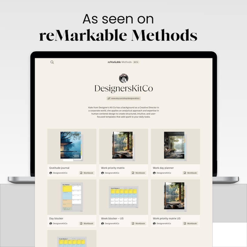 May include: A digital display showing the DesignersKitCo shop page with the text As seen on reMarkable Methods. The screen features a grid of various digital templates including a gratitude journal, work priority matrix, and day planner.