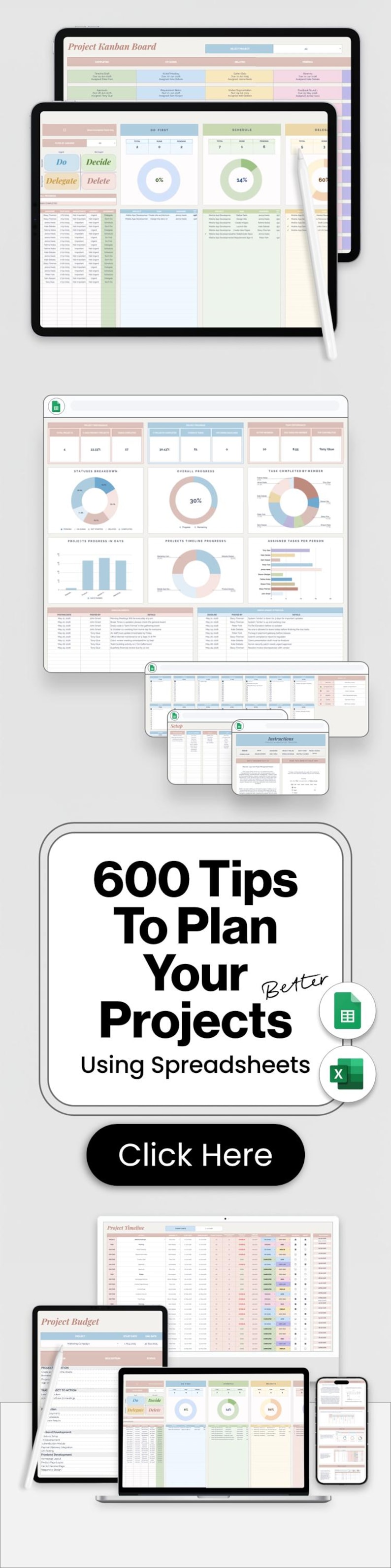 Overview of all tabs in the project management spreadsheet bundle — dashboard, task tracker, timeline, Kanban board and Gantt chart — laid out to show the complete Google Sheets and Excel toolkit.