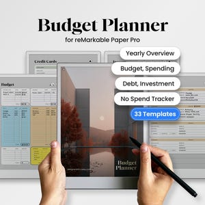 May include: A digital budget planner for reMarkable Paper Pro featuring multiple templates including Yearly Overview, Budget, Spending, Debt, Investment, and No Spend Tracker. The interface displays financial forms with tables, text fields, and a cover image.