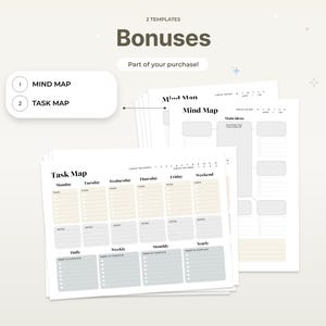 May include: A collection of printable planner templates, including a mind map and task map, with the word "Bonuses" at the top. The text "Part of your purchase!" is also visible. The templates are designed with a neutral color palette.