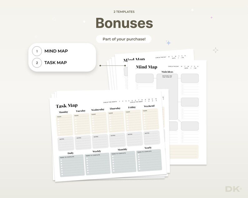 May include: A collection of printable planner templates, including a mind map and task map, with the word "Bonuses" at the top. The text "Part of your purchase!" is also visible. The templates are designed with a neutral color palette.