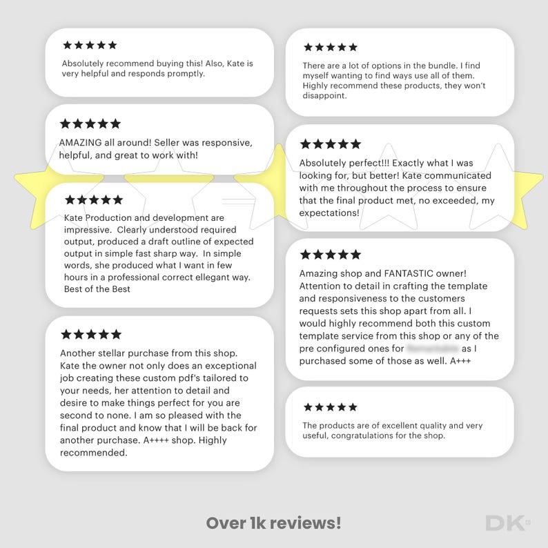 May include: A graphic featuring customer reviews with star ratings. The reviews are in white text on rounded rectangular backgrounds. The text includes phrases like "Absolutely recommend" and "Amazing shop". The image also includes the text "Over 1k reviews!"