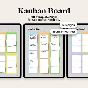 Puede incluir: Plantilla digital de tablero Kanban para Goodnotes y Notability, con seis diseños. El tablero está dividido en secciones de colores con opciones en blanco o prellenadas. El texto de la imagen dice "Kanban Board" y "PDF Template Pages for Goodnotes, Notability."