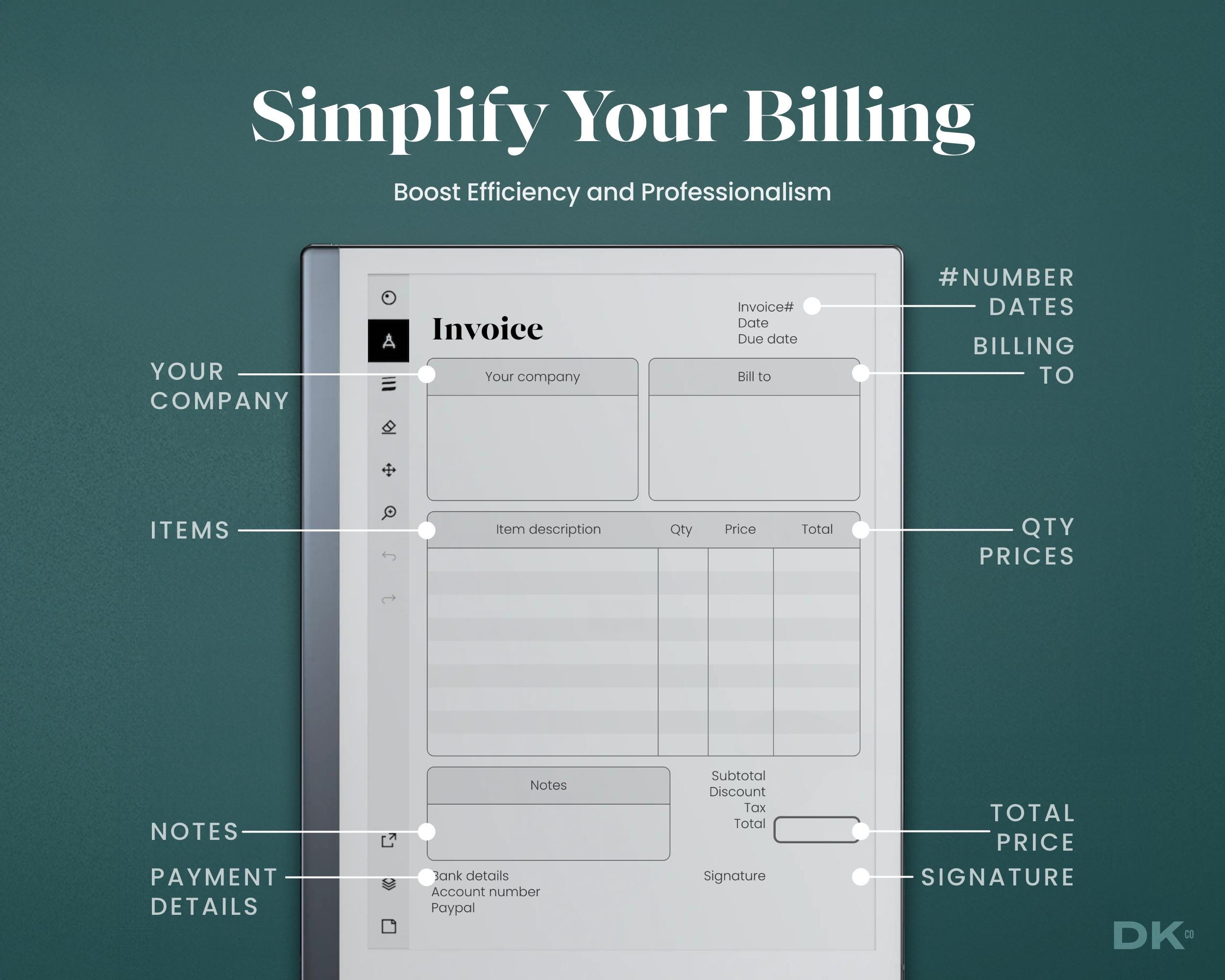 Invoice for Remarkable 2 Template Professional Invoice PDF Digital ...