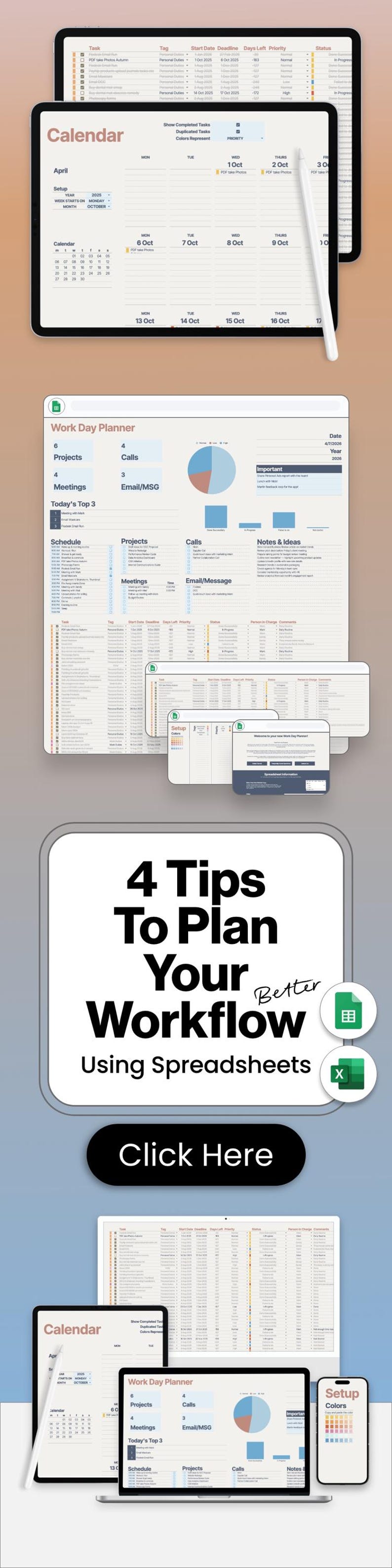 Work Day Planner Tab
Automated work day planner tab with sections for schedule, projects, meetings, calls, emails, and notes — showing how entrepreneurs can manage 4,000+ tasks and their entire daily workflow from a single spreadsheet template.