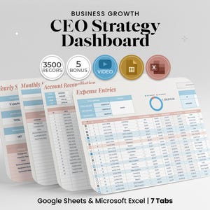 May include: A digital CEO Strategy Dashboard with multiple tabs for business growth. The image shows a spreadsheet with data tables, charts, and the text "CEO Strategy Dashboard". The dashboard includes 3500 records, 5 bonus items, and video content. It is compatible with Google Sheets and Microsoft Excel.