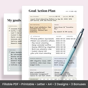 May include: A white and beige Goal Action Plan document with a light blue pen. The document includes sections for goals, motivation, action plans, and progress tracking. The text includes the words "Goal Action Plan" and "My Goals".
