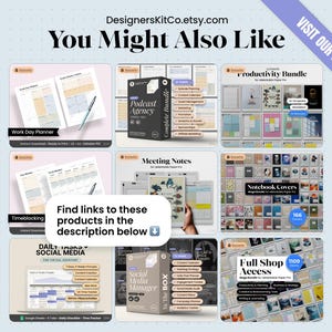 May include: A digital product catalog featuring various productivity templates, including a Work Day Planner, Podcast Agency bundle, Productivity Bundle, Meeting Notes, Notebook Covers, Social Media Manager kit, and Full Shop Access for Remarkable Paper Pro.