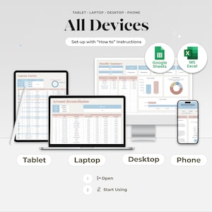 May include: An image showcasing a financial template on various devices: tablet, laptop, desktop, and phone. The image includes the text "All Devices" and "Set-up with 'How to' Instructions." It also features Google Sheets and MS Excel icons.
