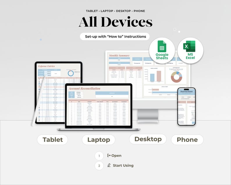 May include: An image showcasing a financial template on various devices: tablet, laptop, desktop, and phone. The image includes the text "All Devices" and "Set-up with 'How to' Instructions." It also features Google Sheets and MS Excel icons.