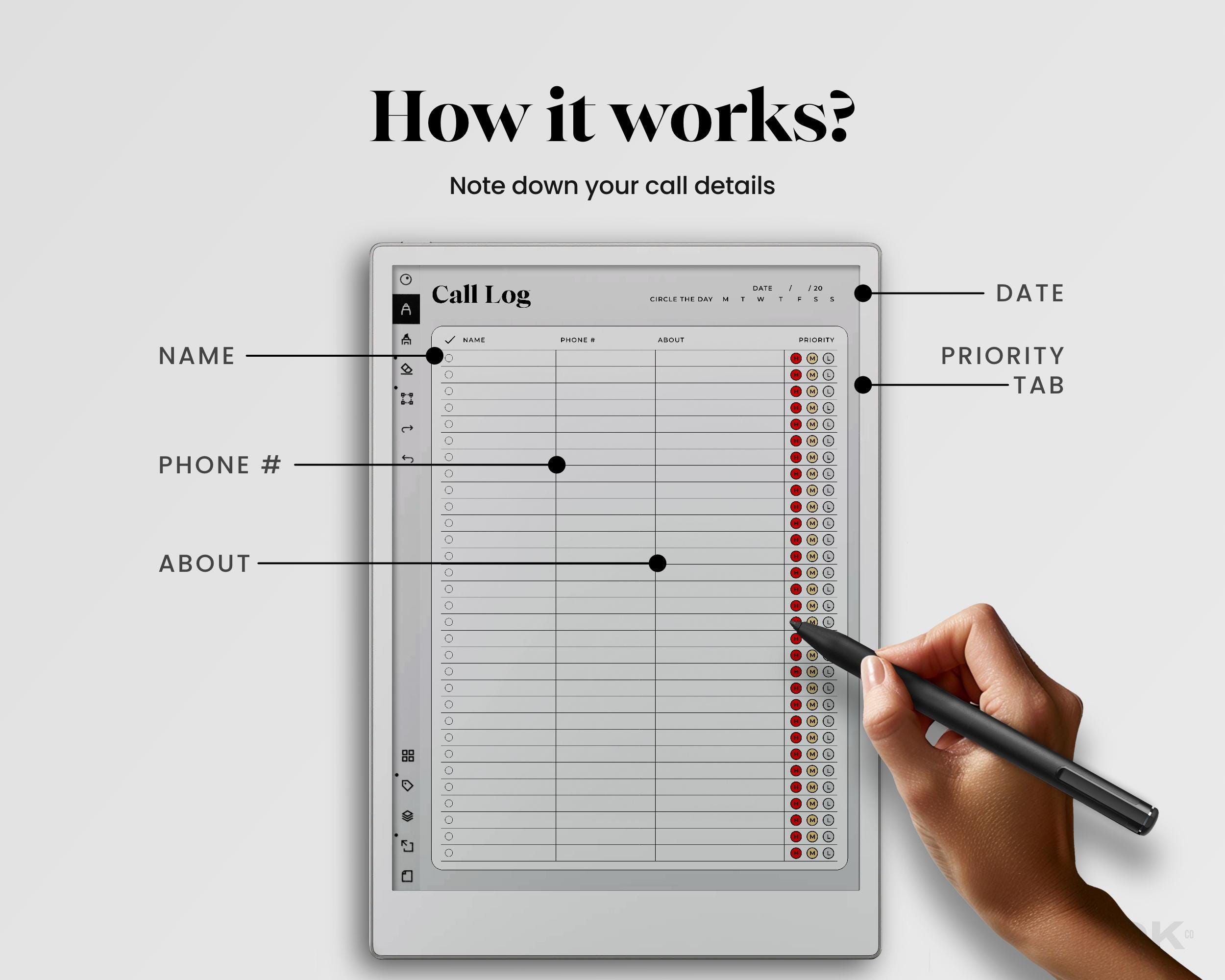 Call Tracker for Remarkable Paper Pro Template Contact List Note ...