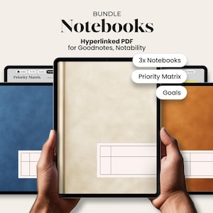 May include: A bundle of digital notebooks displayed on tablets. The notebooks are in blue, tan, and brown, with labels indicating "3x Notebooks", "Priority Matrix", and "Goals". The text "BUNDLE Notebooks Hyperlinked PDF for Goodnotes, Notability" is at the top.