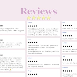 Puede incluir: Una pantalla gr&aacute;fica digital titulada Reviews con cinco estrellas amarillas, que presenta m&uacute;ltiples testimonios de clientes en cajas rectangulares blancas. Cada rese&ntilde;a incluye un nombre, una calificaci&oacute;n de cinco estrellas y texto sobre hojas de planificaci&oacute;n.