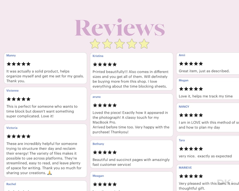 Puede incluir: Una pantalla gr&aacute;fica digital titulada Reviews con cinco estrellas amarillas, que presenta m&uacute;ltiples testimonios de clientes en cajas rectangulares blancas. Cada rese&ntilde;a incluye un nombre, una calificaci&oacute;n de cinco estrellas y texto sobre hojas de planificaci&oacute;n.