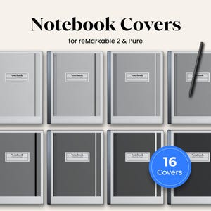 Puede incluir: Ocho fundas rectangulares para cuadernos para dispositivos reMarkable 2 y Pure, mostradas en una cuadrícula con varios tonos de gris. Cada funda tiene una etiqueta central con el texto Notebook y un lápiz negro sobre la funda superior derecha.