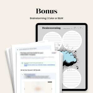 Puede incluir: Una tableta digital que muestra una plantilla de lluvia de ideas con c&iacute;rculos con l&iacute;neas y un gr&aacute;fico de nube azul. La palabra "Brainstorming" est&aacute; en la parte superior. Una pila de papeles blancos est&aacute; en primer plano, con el texto "Set Up Your Account in 60 Seconds".