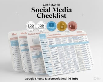 Op de afbeelding: Een geautomatiseerde social media checklist met de tekst "AUTOMATED Social Media Checklist". De afbeelding toont verschillende digitale spreadsheets met tabbladen voor tijdmanagement, contentcreatie en dagelijkse taken. De checklist bevat 300 berichten, 109 taken en video-opties.