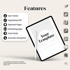 以下が含まれることがあります： 黒いフレームと白いスタイラスが付いたデジタルタブレットで、「Your Template」というテキストが表示されています。画像は、「User Tested」、「Hyperlinked PDF」、「Color Mode」などの機能を強調しています。「Features」という単語が一番上にあります。