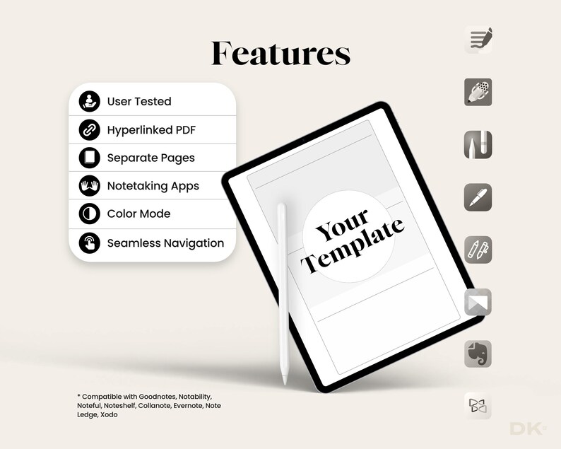 以下が含まれることがあります： 黒いフレームと白いスタイラスが付いたデジタルタブレットで、「Your Template」というテキストが表示されています。画像は、「User Tested」、「Hyperlinked PDF」、「Color Mode」などの機能を強調しています。「Features」という単語が一番上にあります。