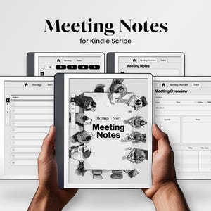 以下が含まれることがあります： Kindle Scribe電子書籍リーダーに会議ノートのテンプレートが表示されている白黒画像。テンプレートには、会議の概要、議題、メモ、参加者に関するセクションが含まれています。画面には「Meeting Notes」というテキストが表示されています。
