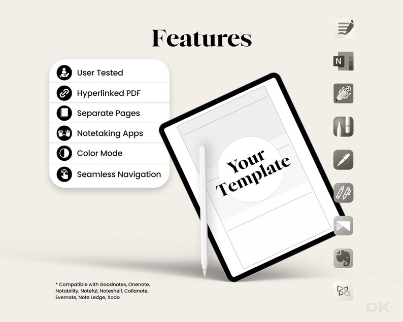 May include: A digital tablet with a black frame and a white stylus, displaying the text "Your Template." The word "Features" is at the top. Icons and text highlight features like "User Tested" and "Hyperlinked PDF." Compatible with Goodnotes, Onenote, Notability, Noteful, Noteshelf, Collanote, Evernote, Note Ledge, Xodo.