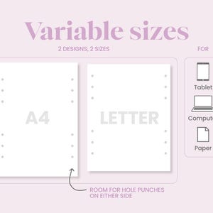 K&ouml;nnte beinhalten: Eine hellrosa Grafik mit zwei wei&szlig;en rechteckigen Papiervorlagen, beschriftet mit A4 und LETTER, mit Lochrand auf beiden Seiten. Der Text lautet Variable sizes, 2 designs, 2 sizes, Room for hole punches on either side, sowie Symbole f&uuml;r Tablet, Computer und Papier.